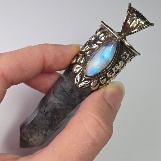 Tourmilated Quartz + Moonstone Pendant