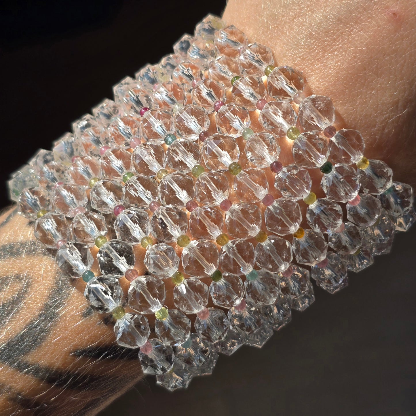 Faceted Quartz + Tourmaline Bracelet