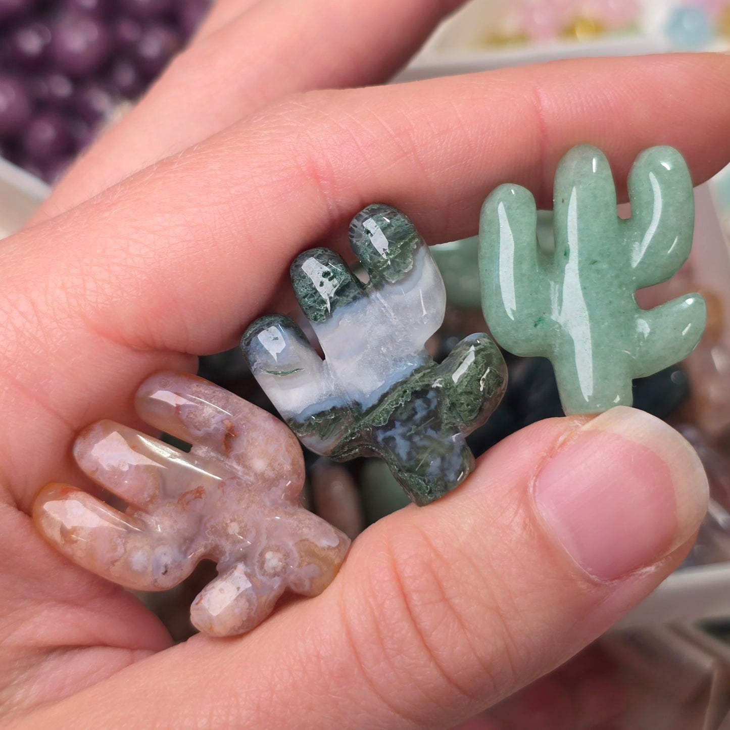 Mini Cactus • Moss Agate • Flower Agate • Green Aventurine